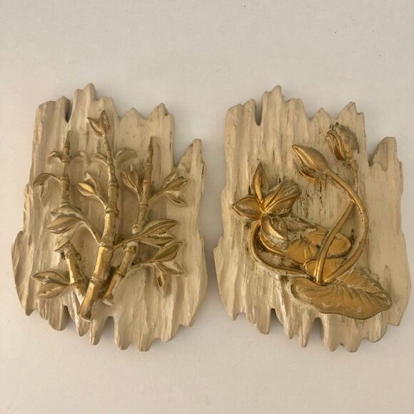 2 Floral Chalkware 3-D Wall Hangings MCM Hand Painted Gold Mid-Century Decor - Picture 5 of 10